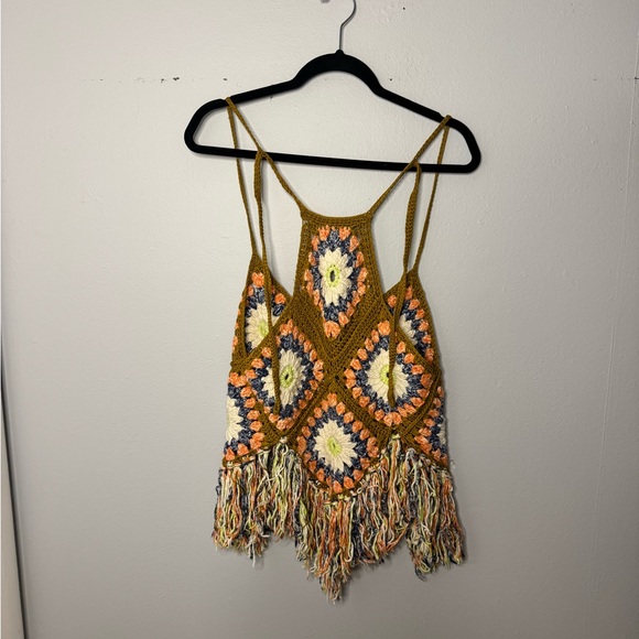 Free People Mustard Multi Crochet Fringe top - Picture 3 of 6